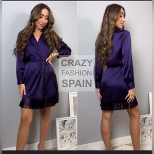 New Zara Fringed Satin Effect Dress Dark Purple  Size M